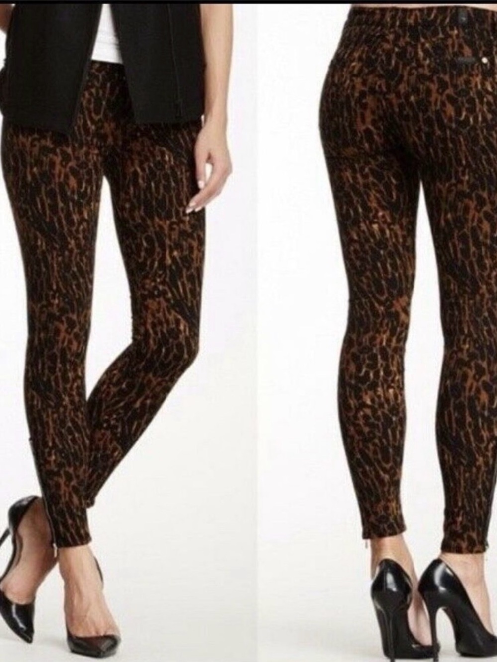 7 For All Mankind Leopard Print Ankle Zip Skinny Jeans Black Brown Size 25